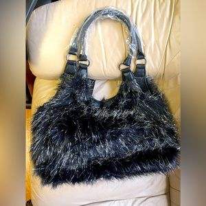 JOAN BOYCE LARGE BLACK SHAGGY PURSE WITH SILVER TINSEL New With Duster